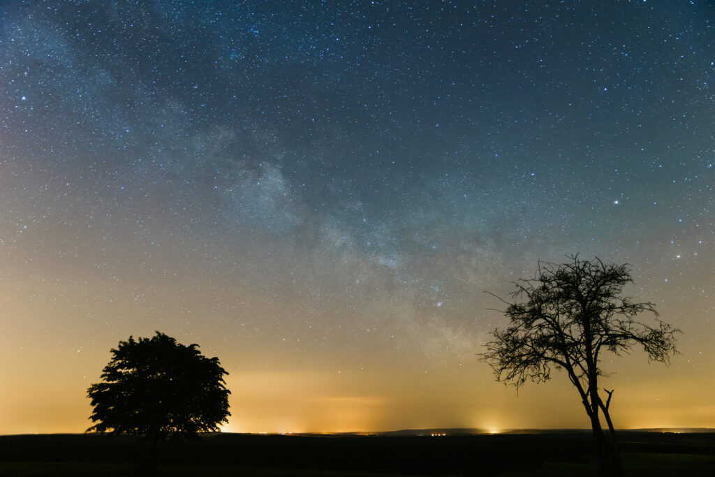 Cette photographhie montre la voie lactée se levant sur un paysage nocturne, avec deux arbres au premier plan, et la pollution lumineuse des villages environnants en arrière plan
