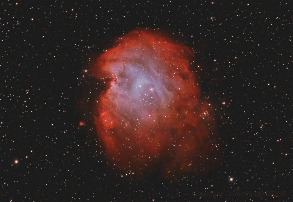 Nebuleuse de la Tête de Singe Une photo de l'espace qui montre une nébuleuse rouge et légèrement bleutée dessinant une forme de tête de singe